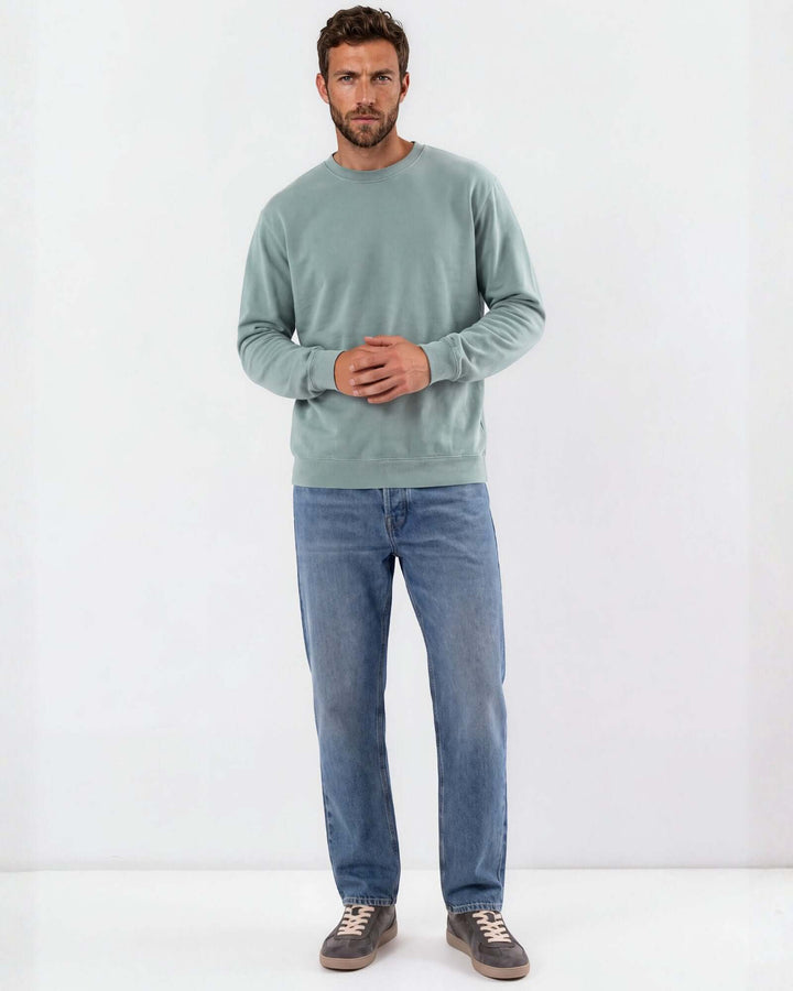 Made in USA vintage pigment dyed fleece crew sweatshirt in Fern with ribbed crew neck, cuffs, and hem