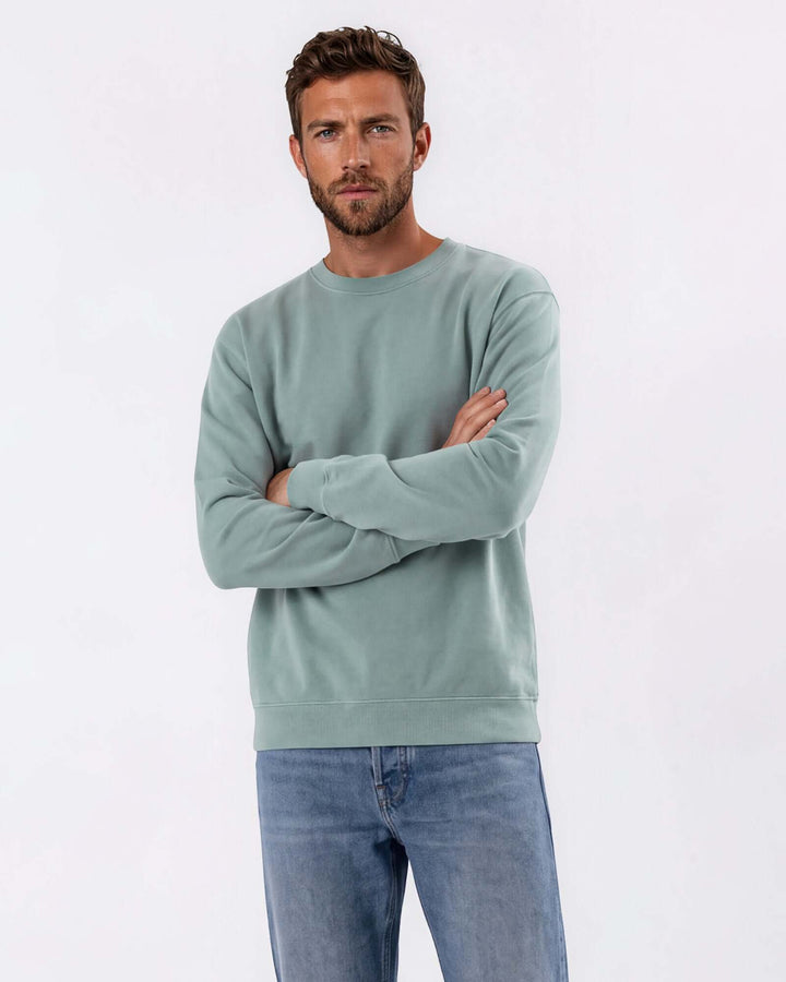 Made in USA vintage pigment dyed fleece crew sweatshirt in Fern with ribbed crew neck, cuffs, and hem