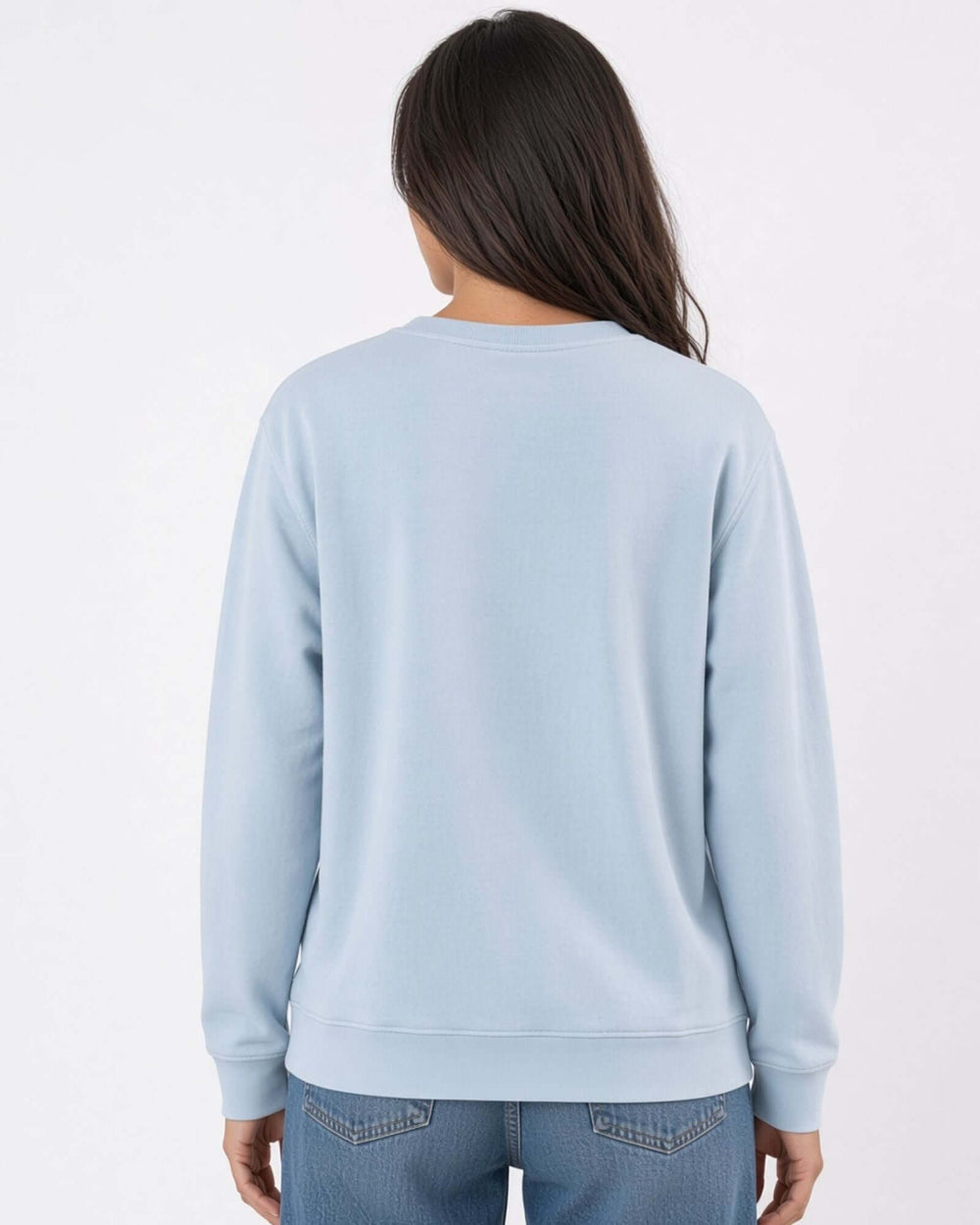 Made in USA The Boyfriend Cotton Washed Sweatshirt - Bluestone: back view of soft light blue sweatshirt on female model with jeans