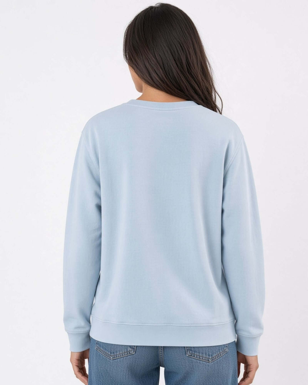 Made in USA The Boyfriend Cotton Washed Sweatshirt - Bluestone: back view of soft light blue sweatshirt on female model with jeans