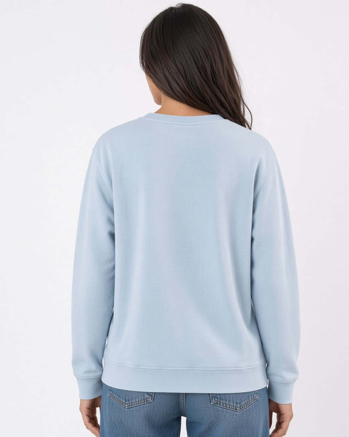 Made in USA The Boyfriend Cotton Washed Sweatshirt - Bluestone: back view of soft light blue sweatshirt on female model with jeans