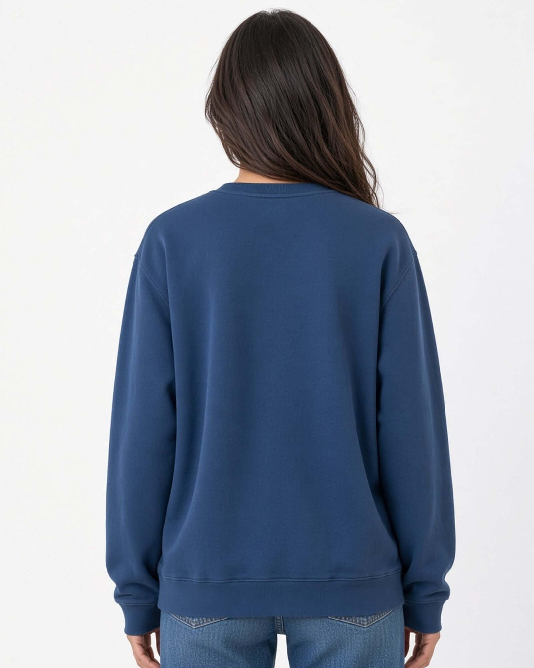 Made in USA The Boyfriend Cotton Washed Sweatshirt - Blue Steel: back view of deep blue sweatshirt on female model with jeans
