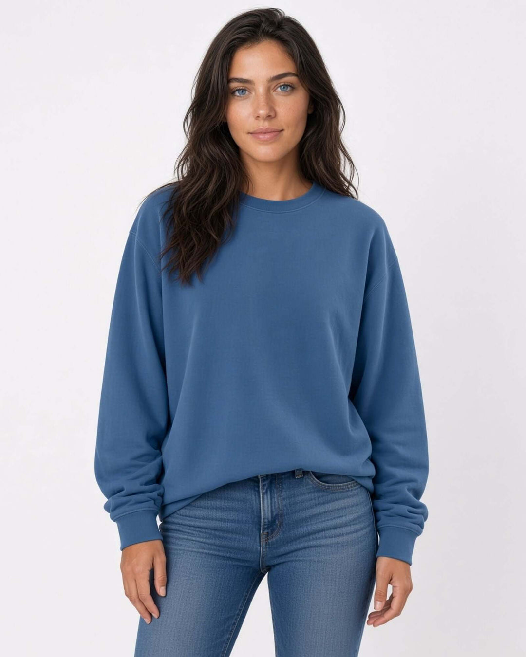 Made in USA The Boyfriend Cotton Washed Sweatshirt - Blue Steel: front view of deep blue crew neck sweatshirt on female model with jeans