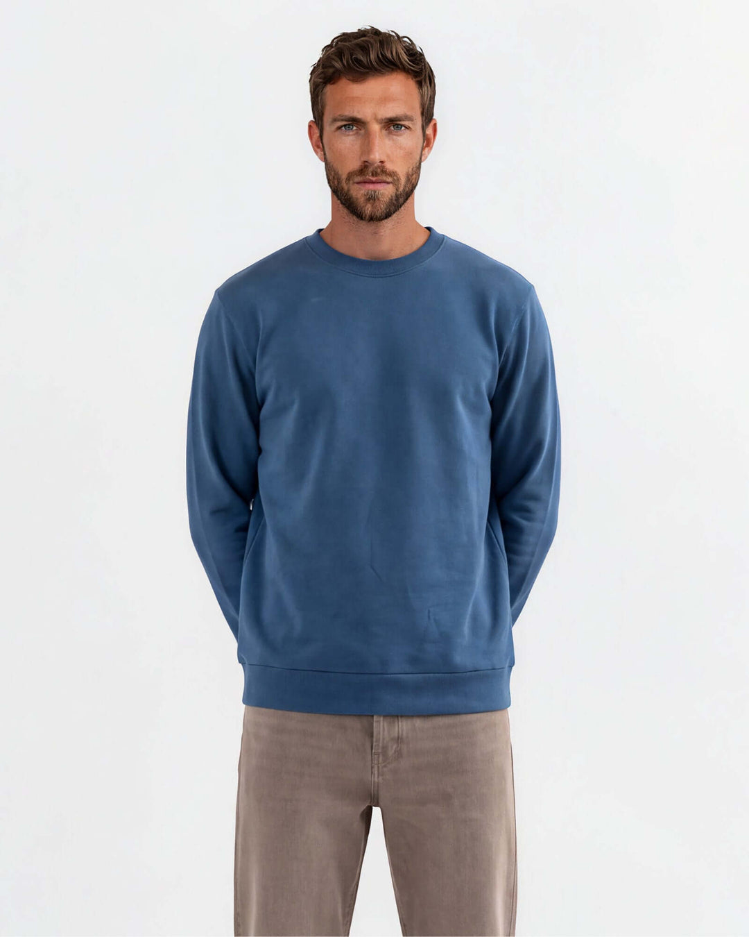 Made in USA vintage pigment dyed fleece crew sweatshirt in Blue Steel with ribbed crew neck, cuffs, and hem - front view