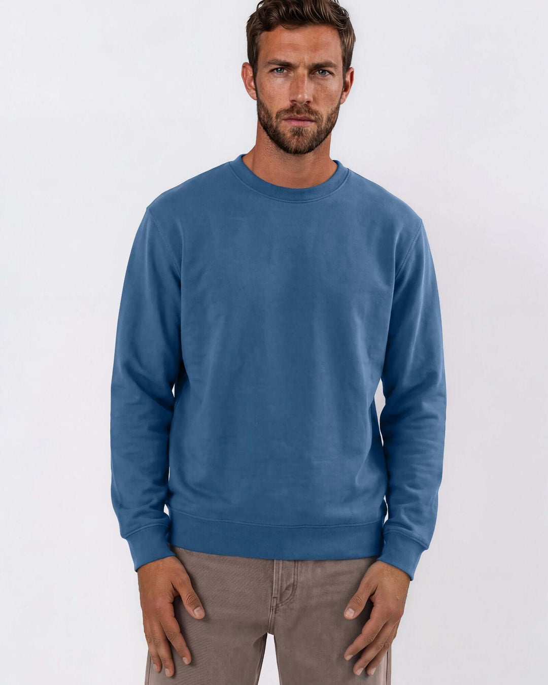 Made in USA vintage pigment dyed fleece crew sweatshirt in Blue Steel with ribbed crew neck, cuffs, and hem