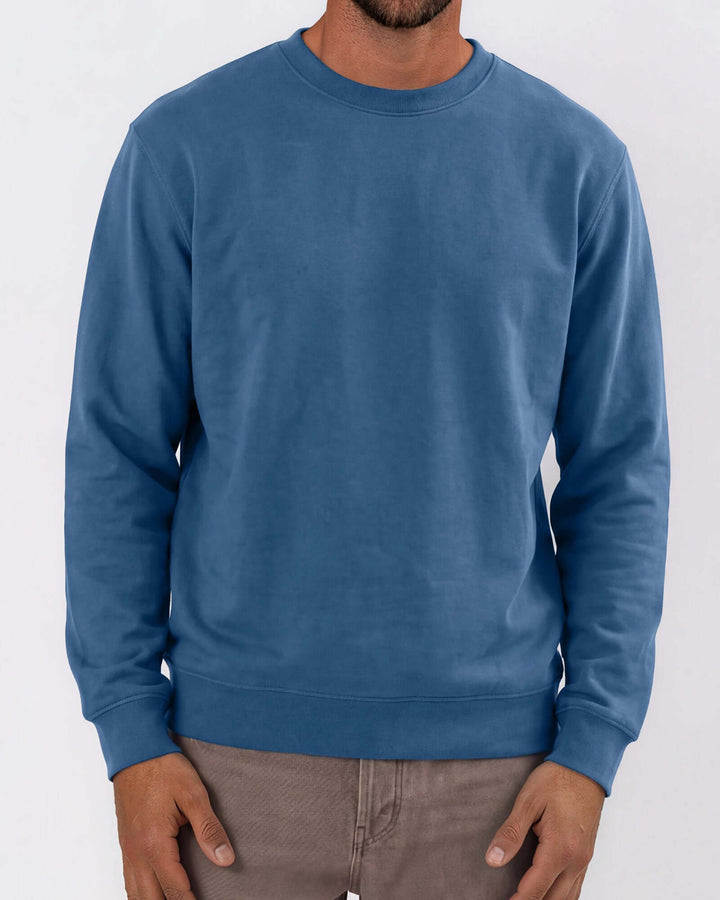 Made in USA vintage pigment dyed fleece crew sweatshirt in Blue Steel with ribbed crew neck, cuffs, and hem