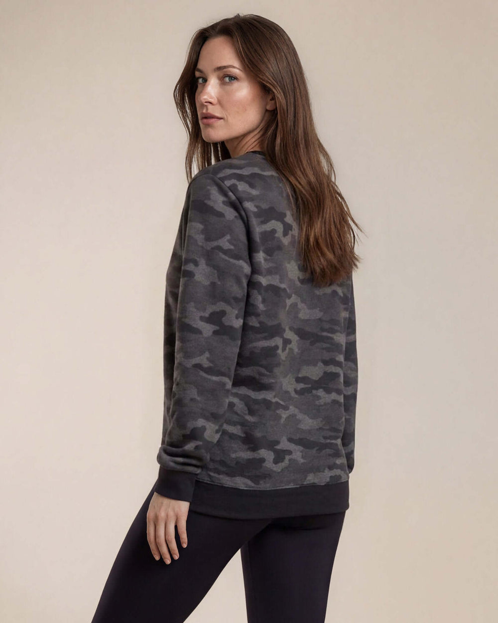 Made in USA women's vintage grey camo tri-blend crew neck sweatshirt, side back view