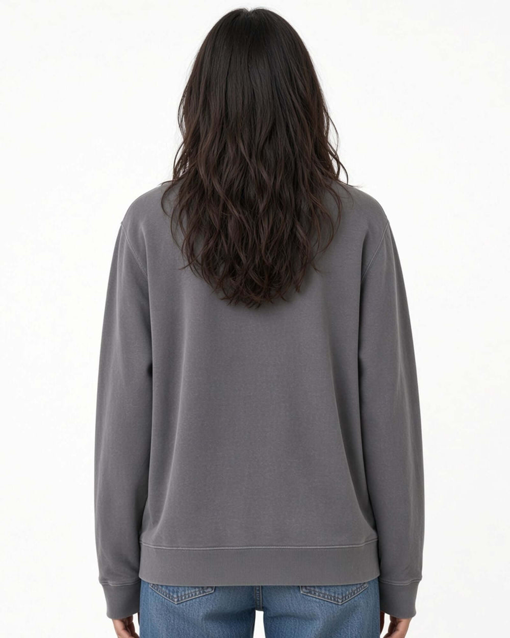 Made in USA The Boyfriend Cotton Washed Sweatshirt - Charcoal: back view of deep charcoal gray sweatshirt on female model with jeans