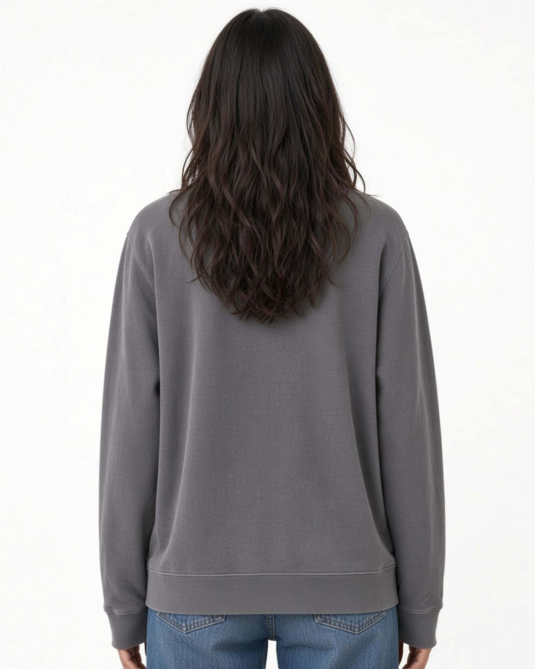 Made in USA The Boyfriend Cotton Washed Sweatshirt - Charcoal: back view of deep charcoal gray sweatshirt on female model with jeans