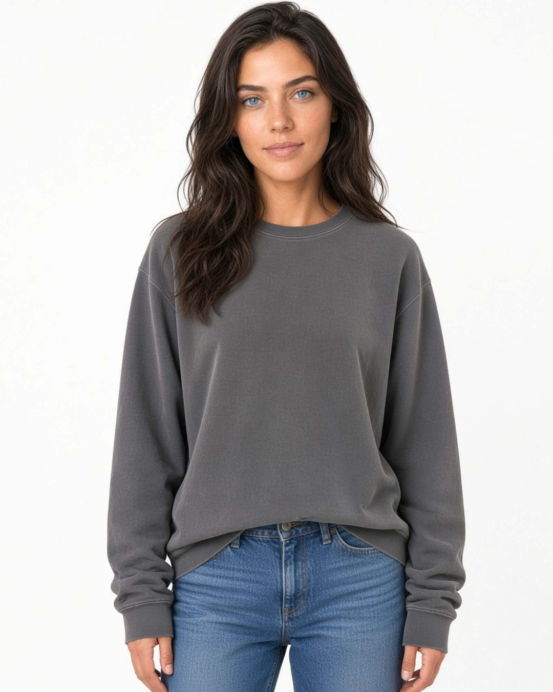 Made in USA The Boyfriend Cotton Washed Sweatshirt - Charcoal: front view of deep charcoal gray crew neck sweatshirt on female model with jeans