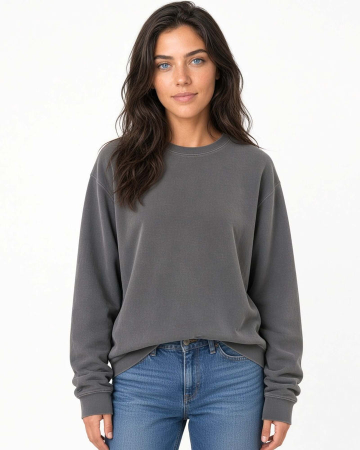 Made in USA The Boyfriend Cotton Washed Sweatshirt - Charcoal: front view of deep charcoal gray crew neck sweatshirt on female model with jeans