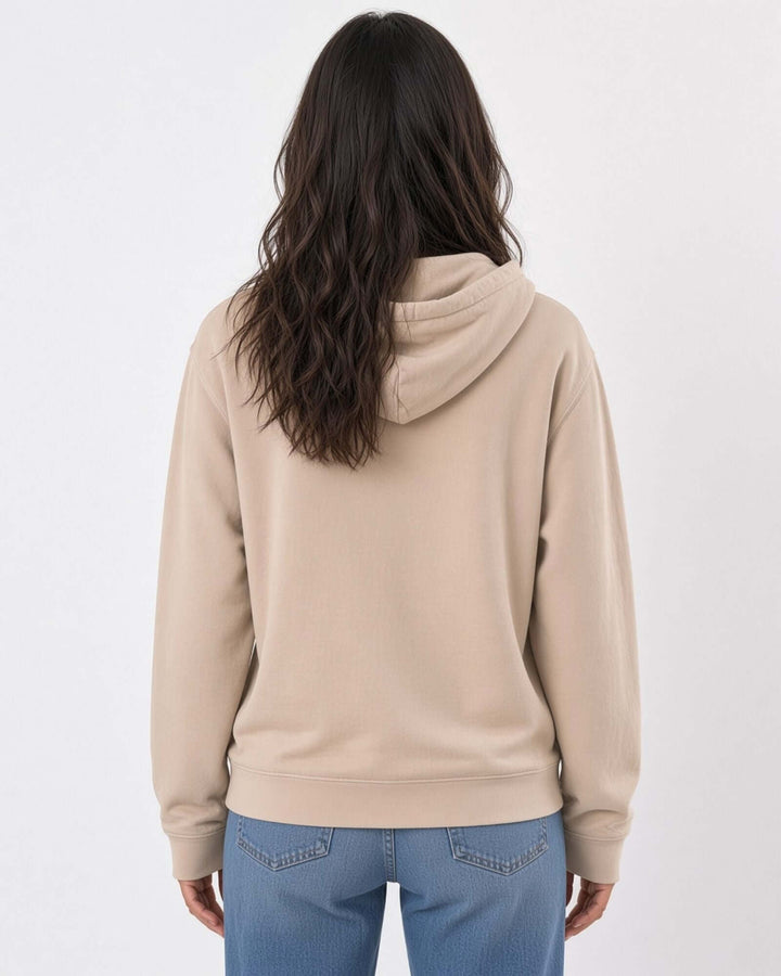 Made in USA The Boyfriend Cotton Washed Hoodie - Khaki: back view of warm sandy taupe hoodie on female model with jeans