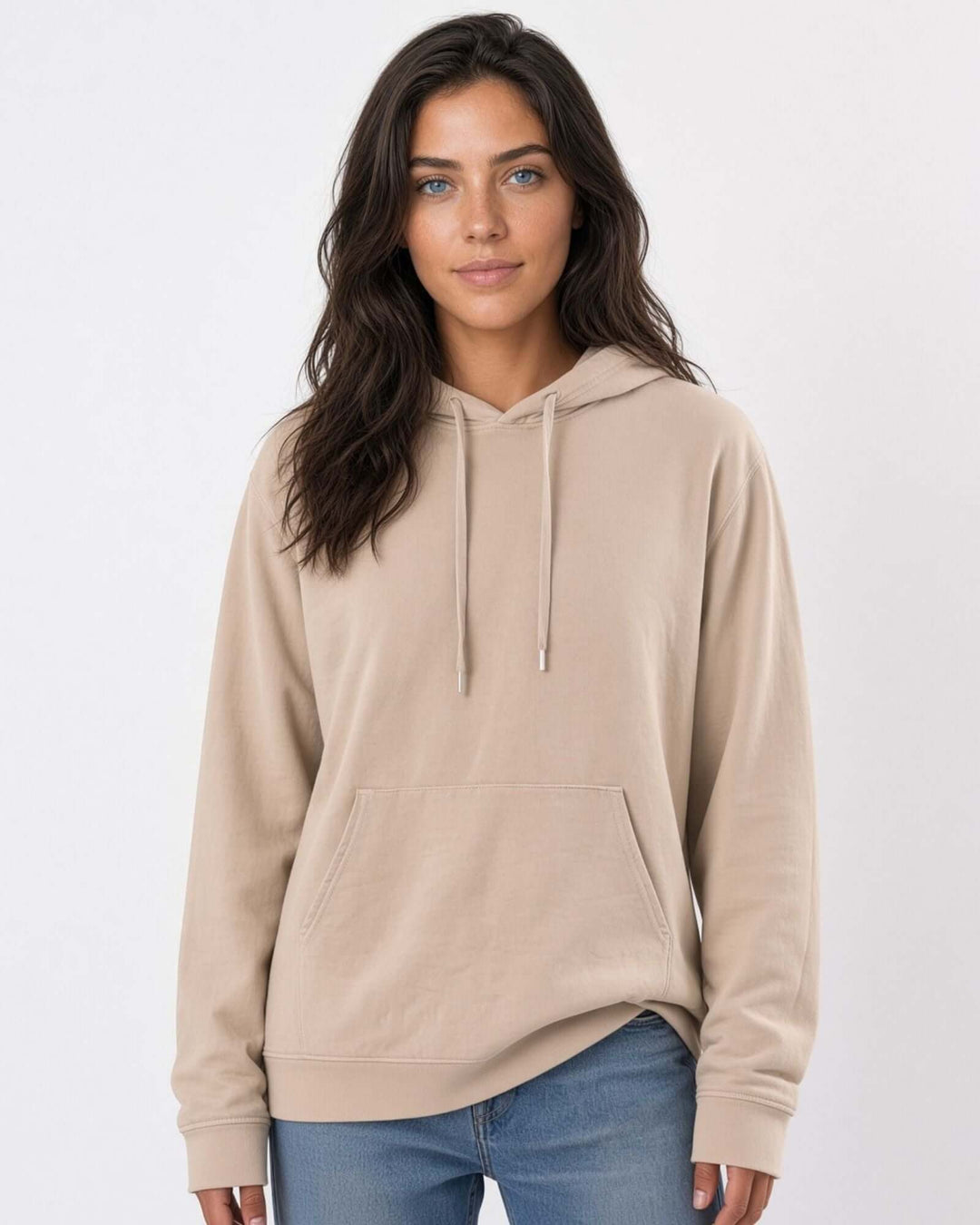 Made in USA The Boyfriend Cotton Washed Hoodie - Khaki: front view of warm sandy taupe pullover hooded hoodie on female model with jeans