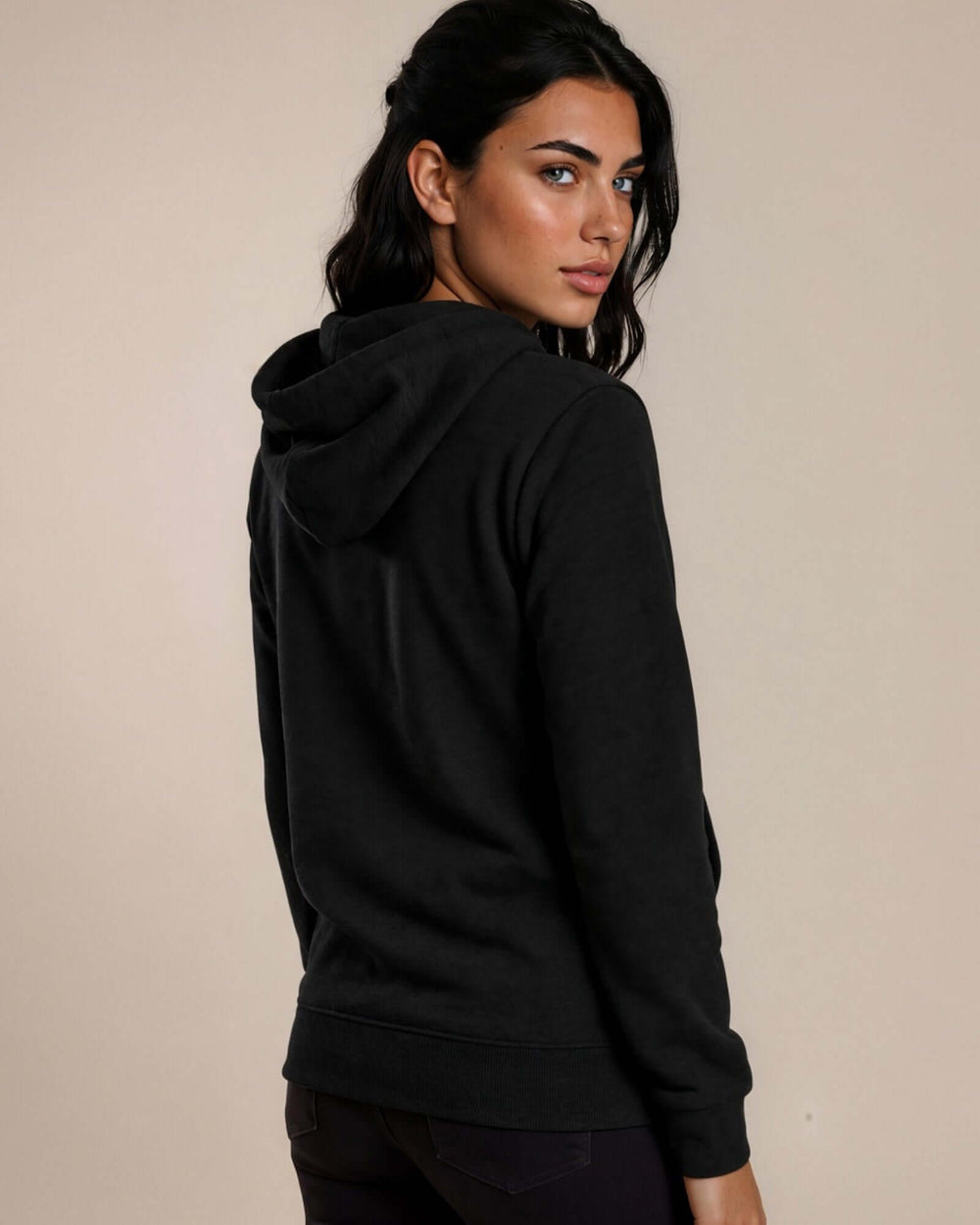 Made in USA women's tri black tri-blend fleece full zip hoodie with kangaroo pocket, back view