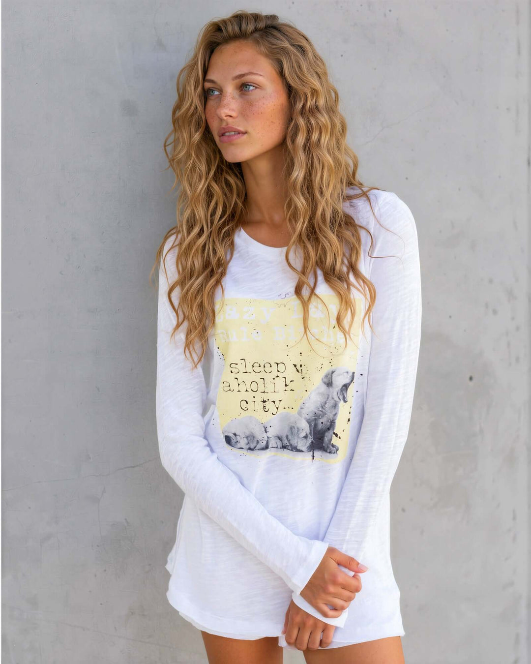 Made in USA women's white long sleeve vintage washed cotton pajama set with puppies graphic tee and drawstring shorts, front view