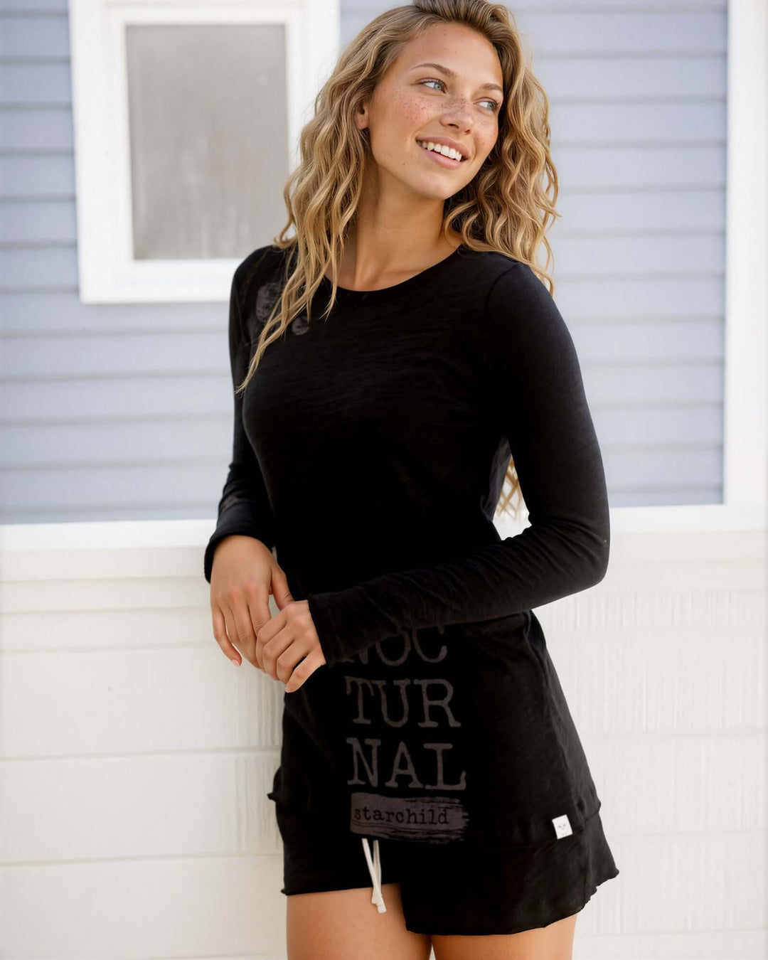 Made in USA women's black long sleeve vintage washed cotton pajama set with Nocturnal graphic tee and drawstring shorts, front view