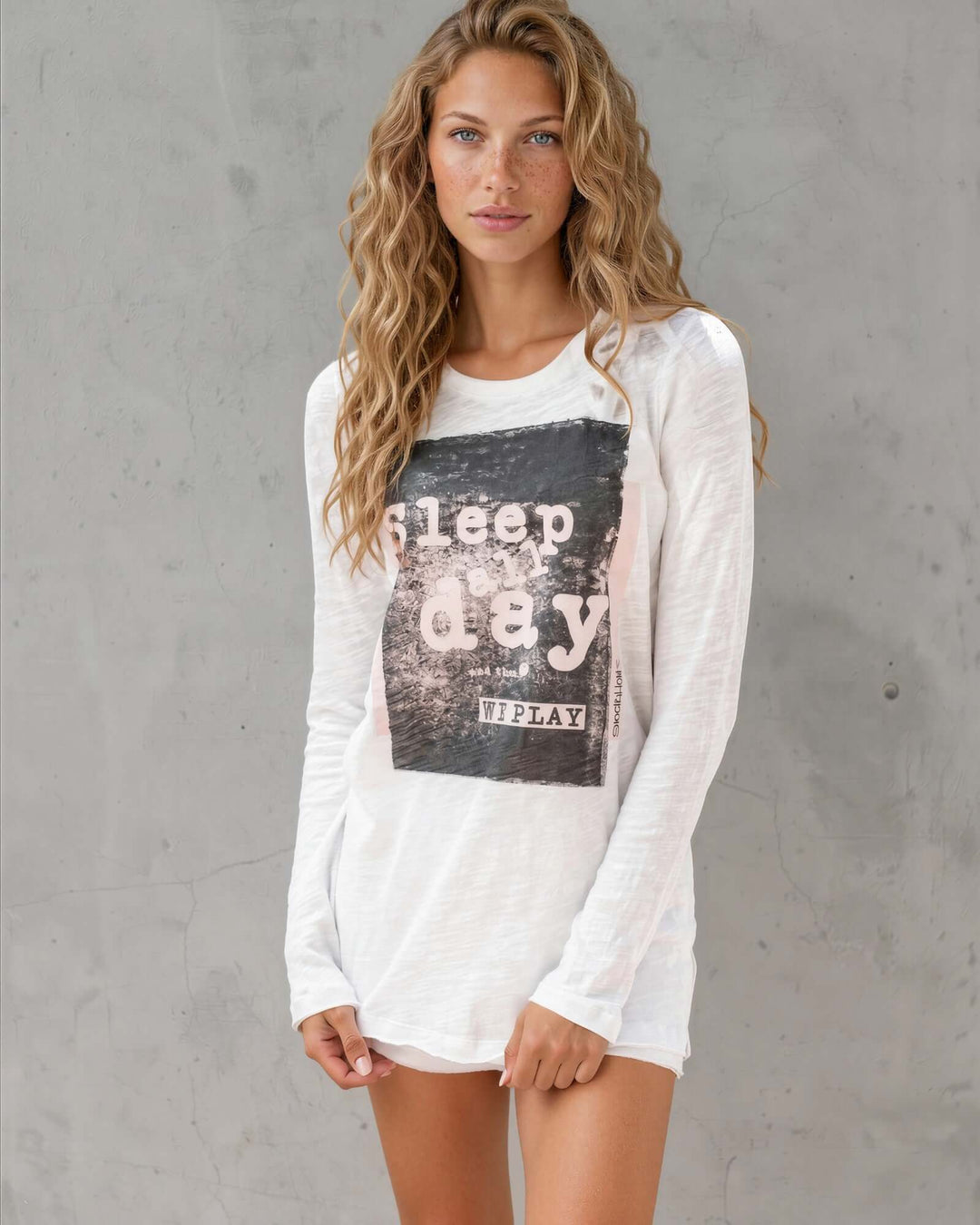 Made in USA women's white long sleeve vintage washed cotton pajama set with sleep all day graphic tee and drawstring shorts, front view