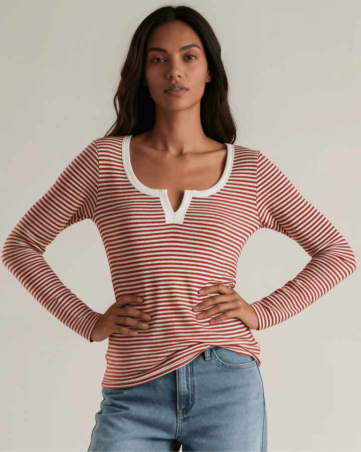 Made in USA. Burgundy &amp; Off White striped fitted rib knit top. Split V-neck with contrast trim, long sleeves. 97% rayon. Sizes S–XL.