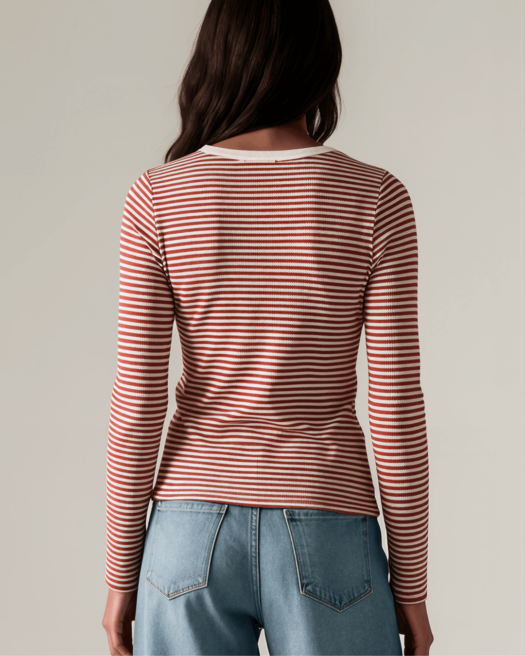 Made in USA. Burgundy &amp; Off White striped fitted rib knit top. Split V-neck with contrast trim, long sleeves. 97% rayon. Sizes S–XL.