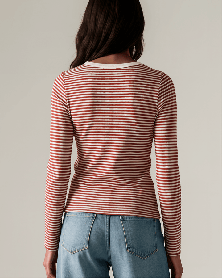 Made in USA. Burgundy &amp; Off White striped fitted rib knit top. Split V-neck with contrast trim, long sleeves. 97% rayon. Sizes S–XL.