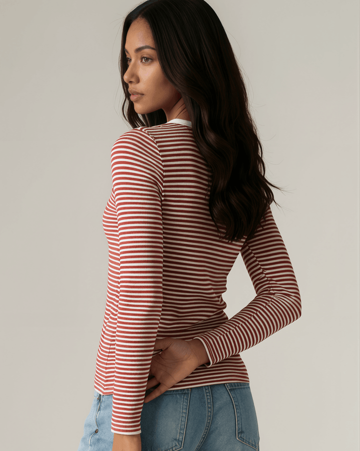 Made in USA. Burgundy &amp; Off White striped fitted rib knit top. Split V-neck with contrast trim, long sleeves. 97% rayon. Sizes S–XL.