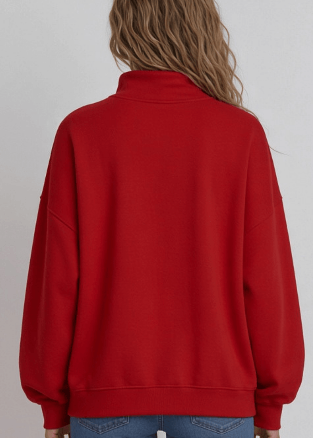 Cozy oversized women's mock neck sweatshirt in red. Drop shoulder, ribbed cuffs, super soft fabric. Made in USA. Sizes S–L.