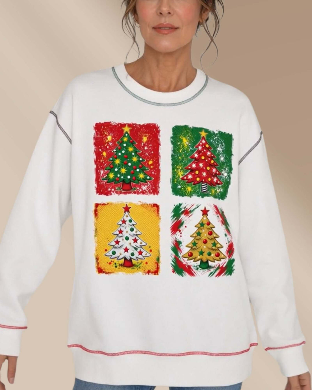 Women's white crewneck sweatshirt with contrast stitching featuring the Colorful Christmas Tree design, front close-up view, Made in USA