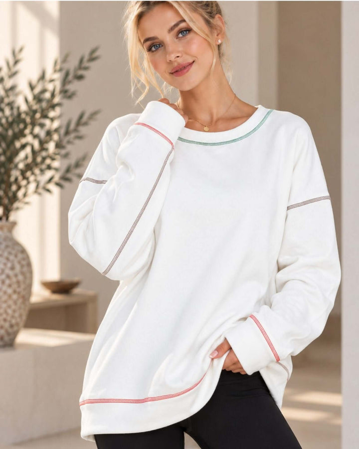 Made in USA white oversized crewneck sweatshirt with colorful contrast stitching and long sleeves
