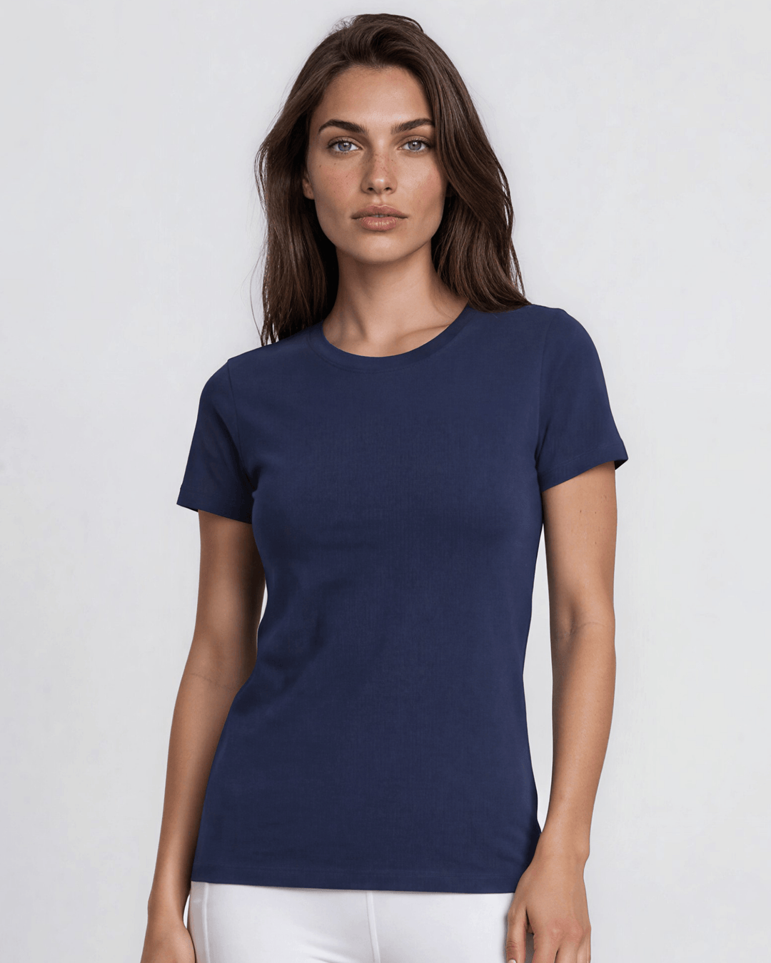 The True American Women's T-shirt in Navy Blue, Super soft 100% combed ring-spun cotton crew neck tee, made in the USA with USA-milled fabric. Classic fit, effortless style.