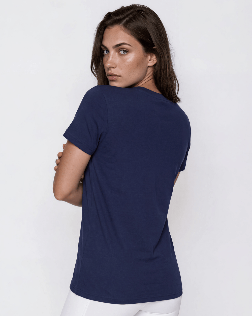 The True American Women's T-shirt in Navy Blue, Super soft 100% combed ring-spun cotton crew neck tee, made in the USA with USA-milled fabric. Classic fit, effortless style.
