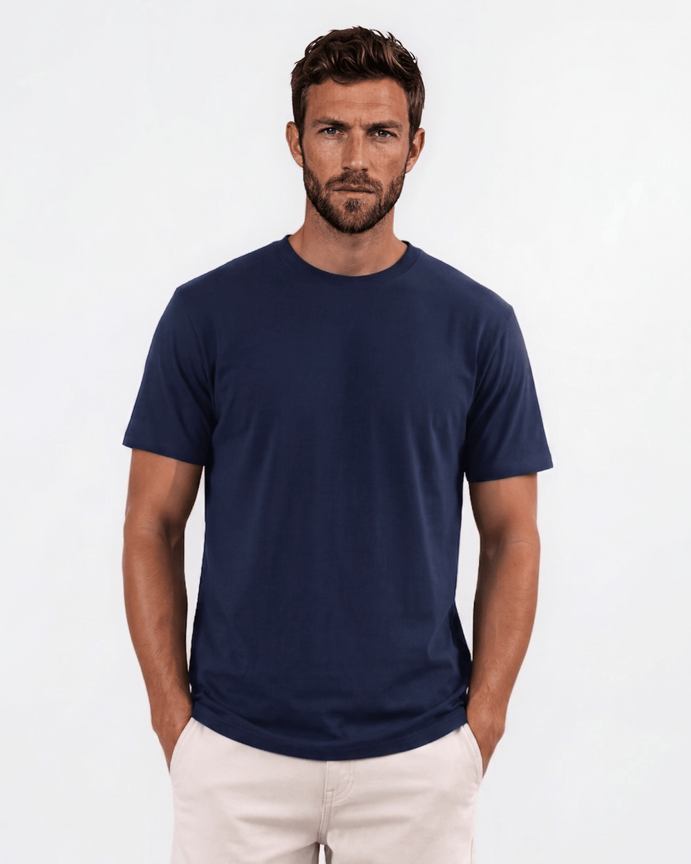 Men's classic navy blue crew neck tee made in USA with 100% USA-grown pre-shrunk cotton. Semi-fitted, super soft, 4.2 oz. Sizes S–3XL.
