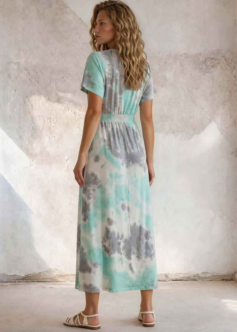 Made in USA Women's Mint Tie Dye Surplice V-Neck Maxi Dress with Kimono Short Sleeves and Smocked Waist, 96% Rayon 4% Spandex | Classy Cozy Cool Made in America Boutique