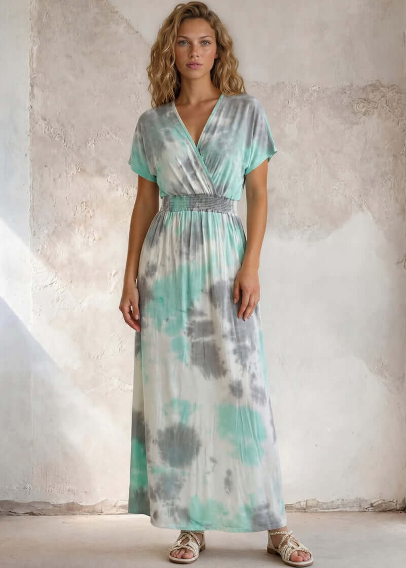 Made in USA Women's Mint Tie Dye Surplice V-Neck Maxi Dress with Kimono Short Sleeves and Smocked Waist, 96% Rayon 4% Spandex | Classy Cozy Cool Made in America Boutique