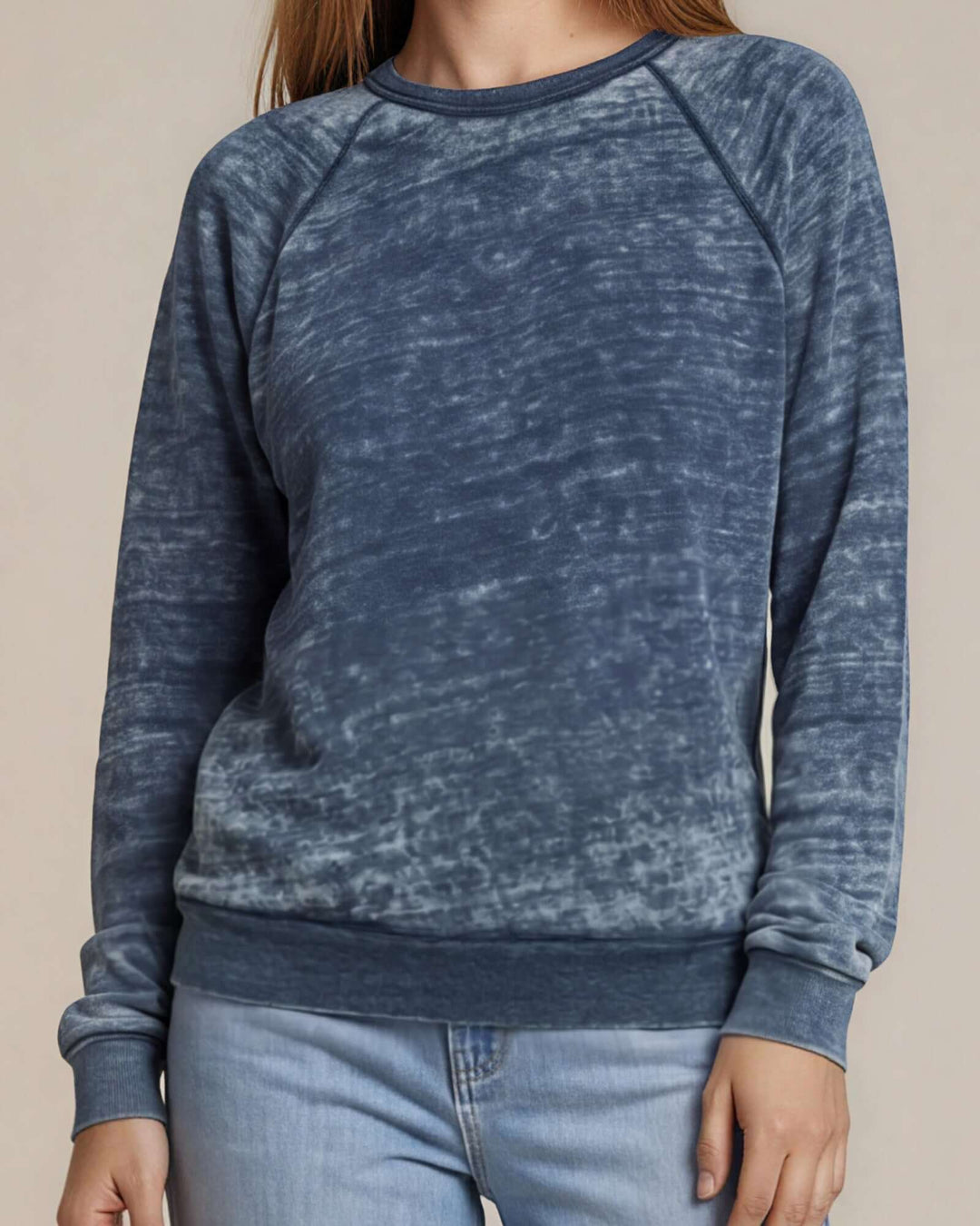 Made in USA women's navy burnout tri-blend raglan crew neck sweatshirt, close-up front view