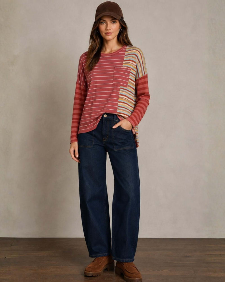 Made in USA red striped mixed media thermal top with colorblock stripes, chest pocket, and high-low hem