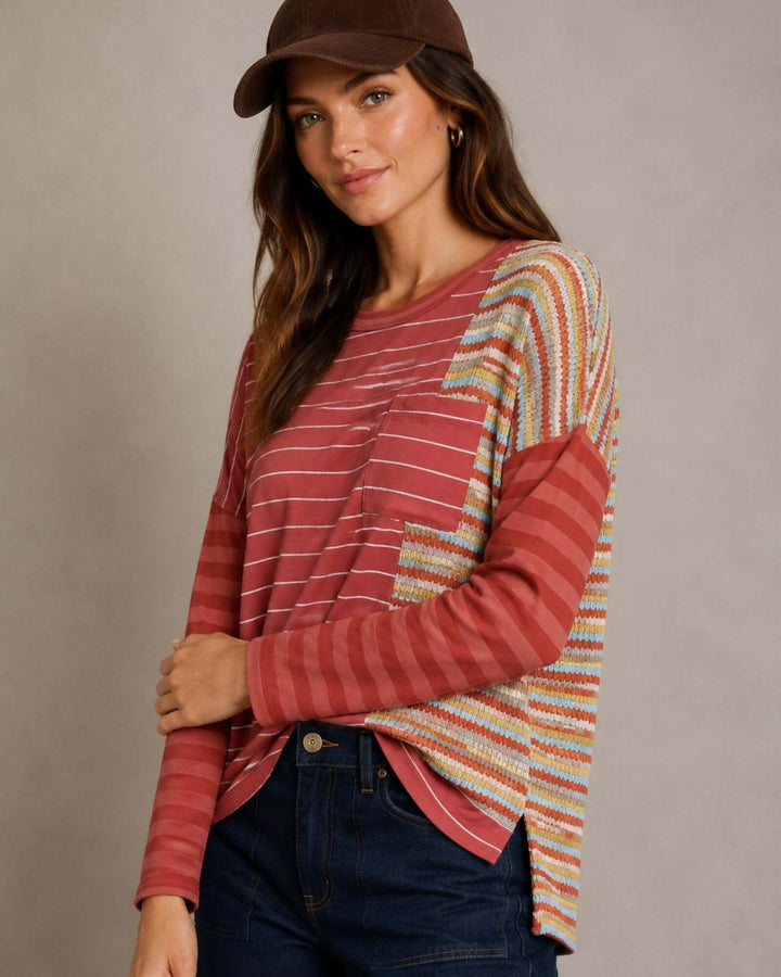 Made in USA red striped mixed media thermal top with colorblock stripes, chest pocket, and high-low hem