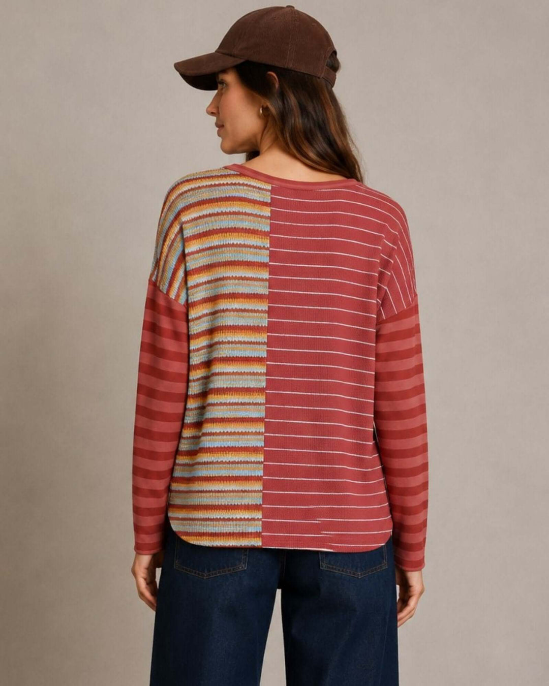 Made in USA red striped mixed media thermal top with colorblock stripes, chest pocket, and high-low hem