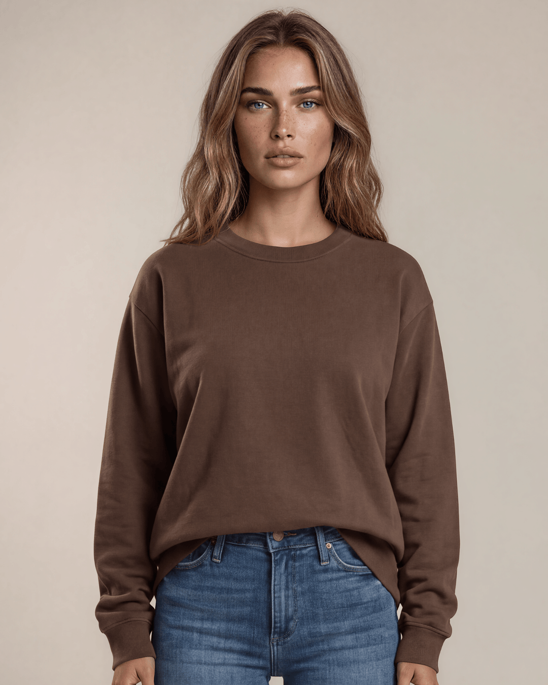 Made in USA Women's Heavyweight Pigment Dyed Cotton Fleece Sweatshirt in Washed Brown | Classy Cozy Cool Made in America Boutique
