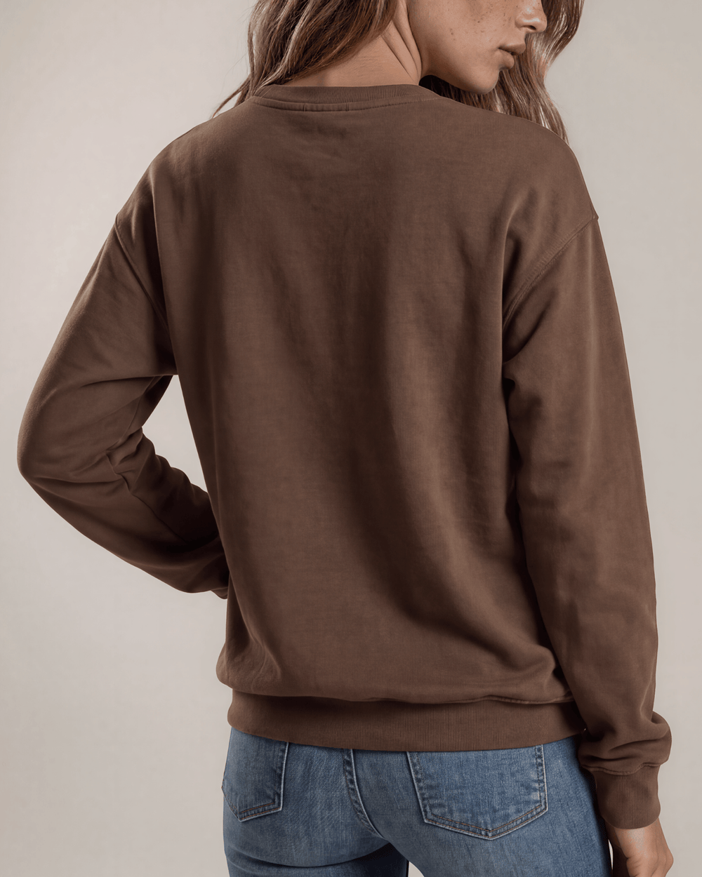 Made in USA Women's Heavyweight Pigment Dyed Cotton Fleece Sweatshirt in Washed Brown | Classy Cozy Cool Made in America Boutique