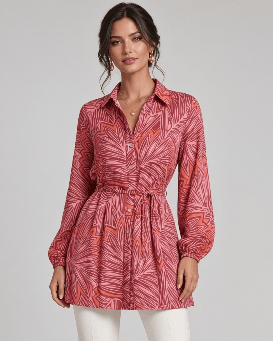 Made in USA Women's Button Down Mini Shirt Dress or Tunic with Tie Waist, Collared, Relaxed Fit, Long Sleeves, Elastic Cuffs, in a Unique Pink and Red Pattern | Classy Cozy Cool Made in America Boutique