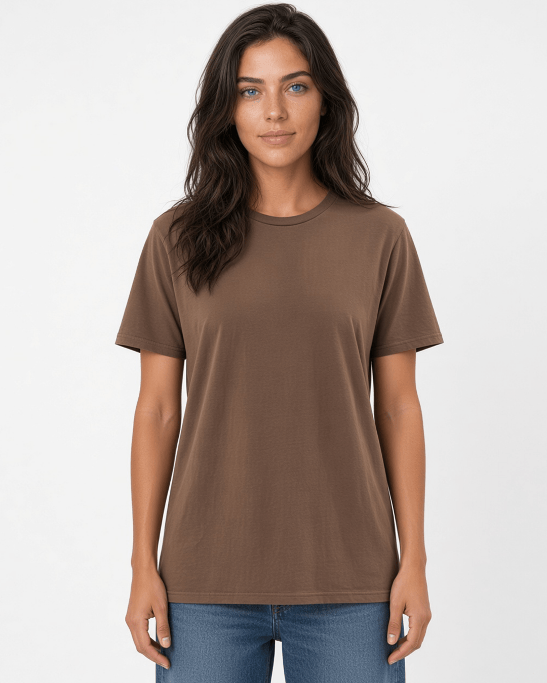 Made in USA The Boyfriend Cotton Washed T-Shirt - Java: front view of brown short sleeve tee on female model with jeans