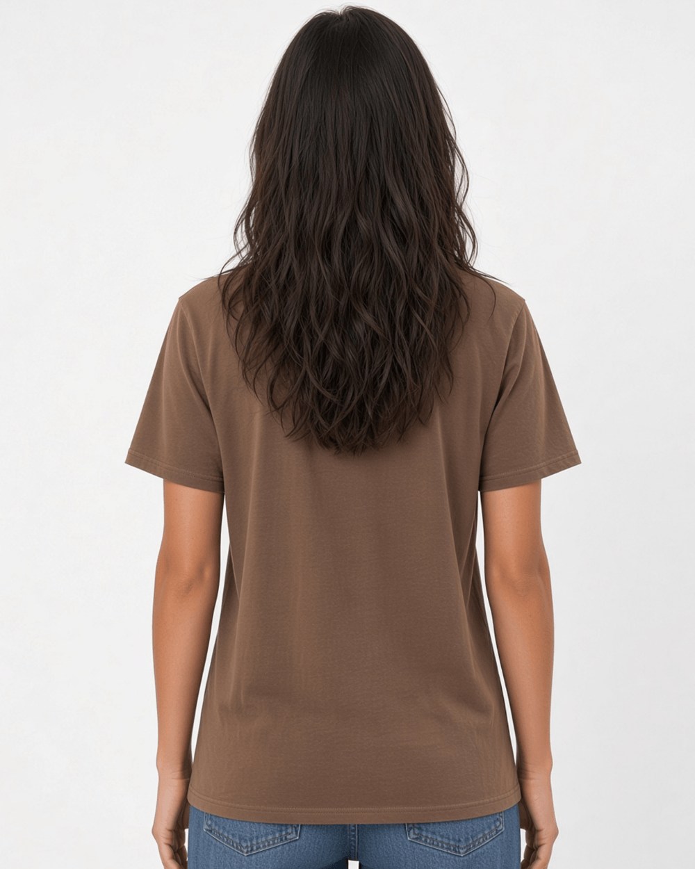 Made in USA The Boyfriend Cotton Washed T-Shirt - Java: back view of brown short sleeve tee on female model with jeans