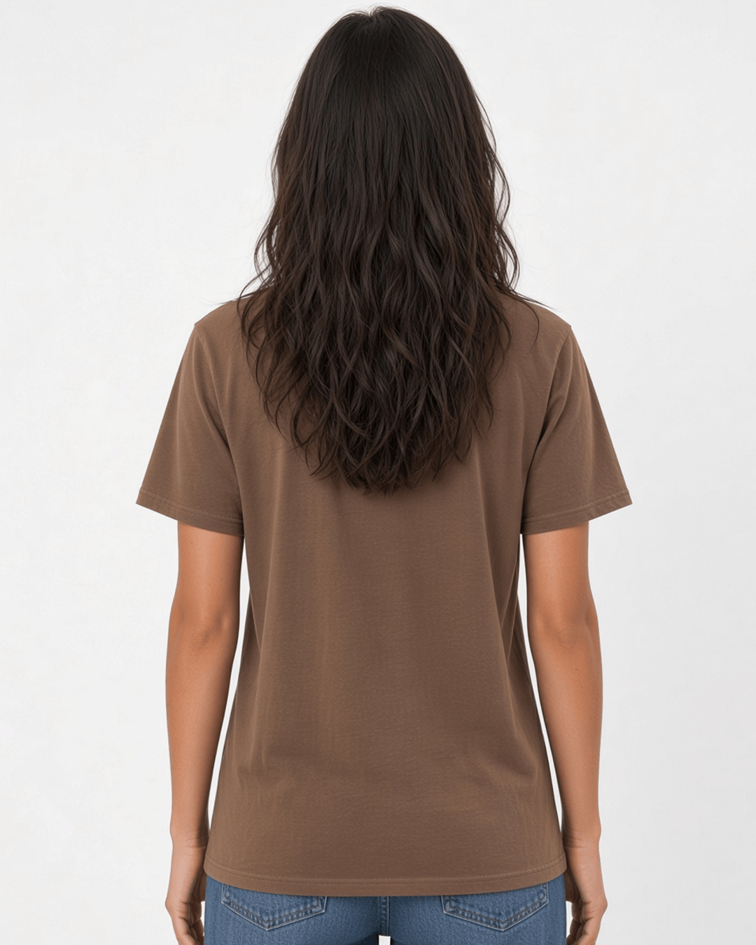 Made in USA The Boyfriend Cotton Washed T-Shirt - Java: back view of brown short sleeve tee on female model with jeans