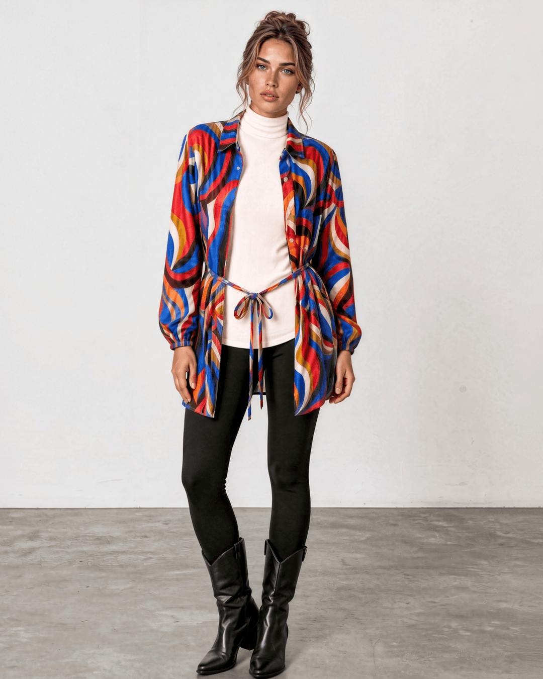 Made in USA. Style the Alexis Retro Print button-down tunic closed with its tie waist or open as a cardigan. Colorful abstract print, fully lined. S–L.