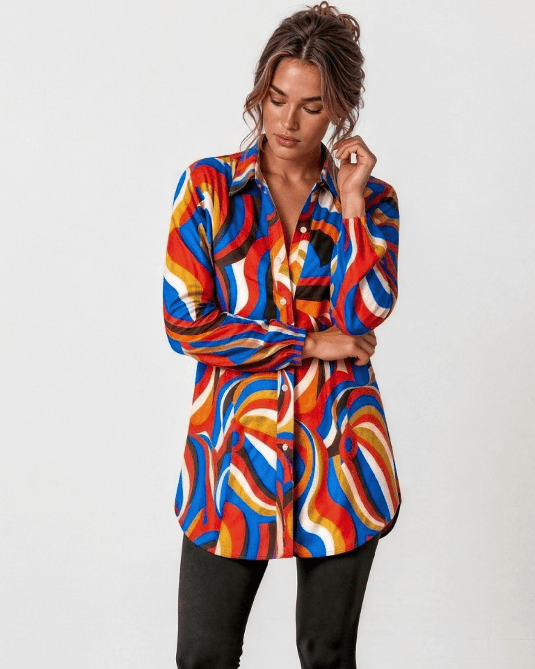 Made in USA. Style the Alexis Retro Print button-down tunic closed with its tie waist or open as a cardigan. Colorful abstract print, fully lined. S–L.