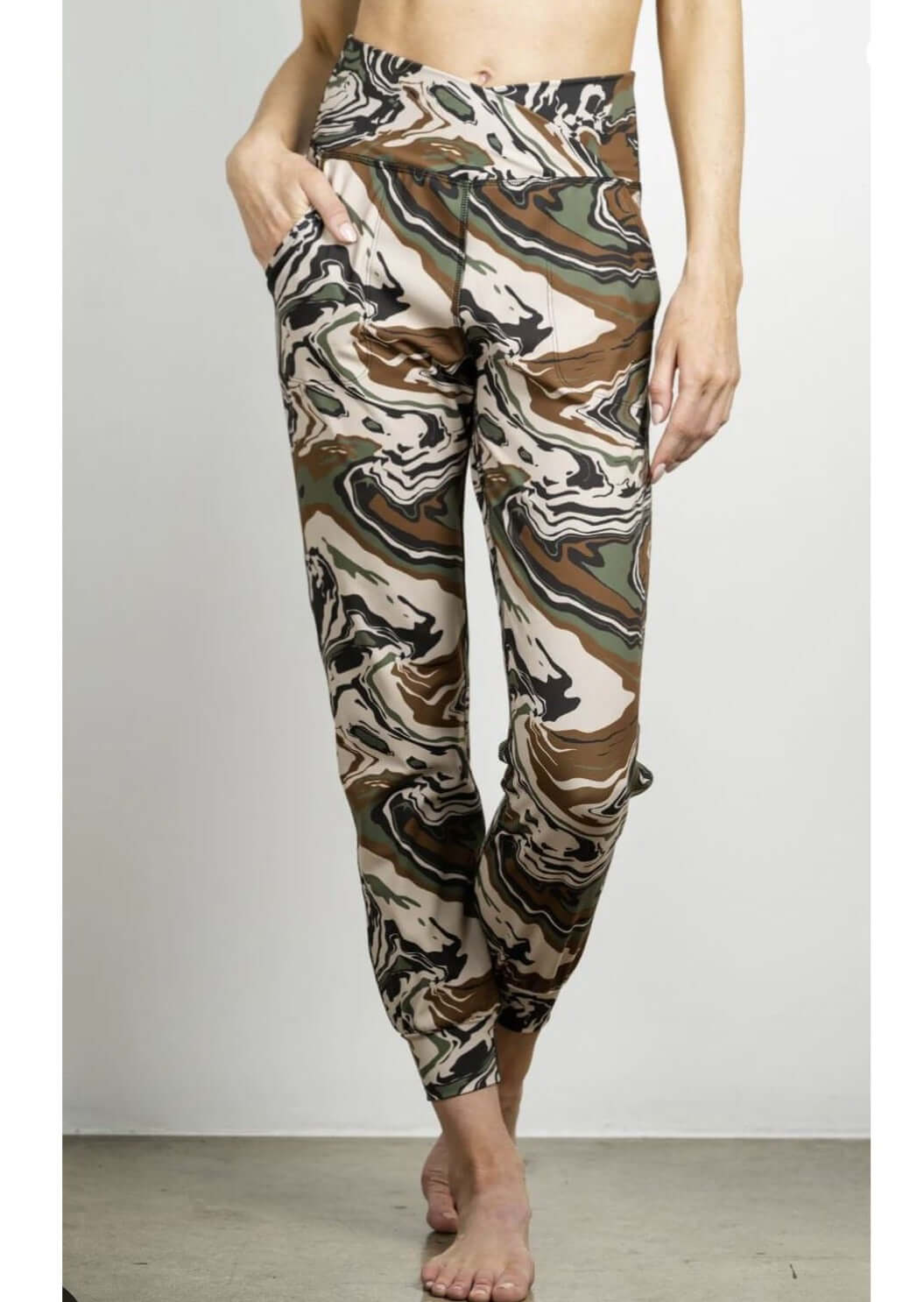 Jala Women's Cross Waist Jogger with Side Pockets Jogger in Camo | Style# CWJ16-CM | Made in USA | Classy Cozy Cool Women's Made in America Clothing Boutique