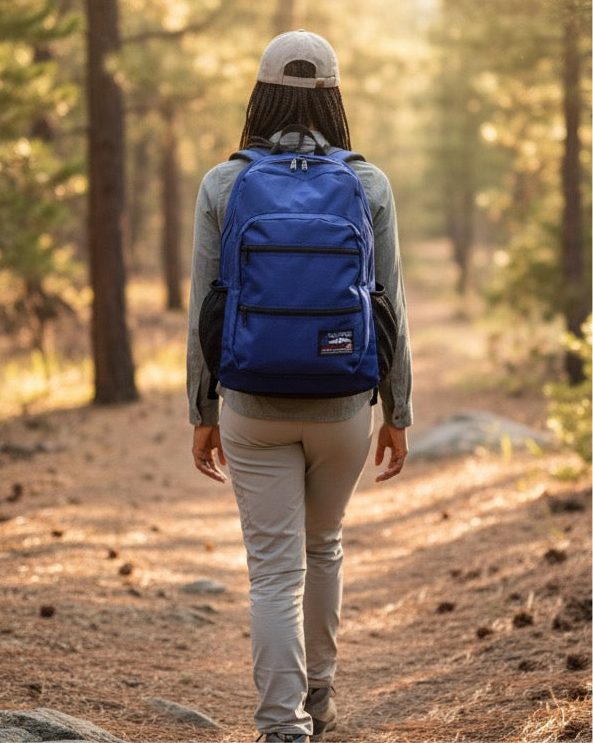 Made in USA, navy blue large backpack with zippered front pockets worn on a hiker&