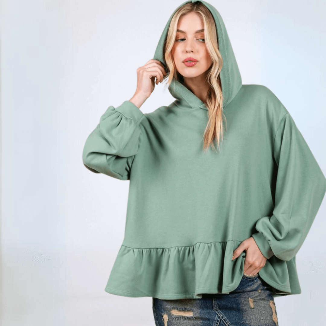 Made in USA Women's Baby Doll Oversized Hoodie with Flounce Ruffle Hem and  Long Balloon Sleeves, Banded Cuffs, Oversized Fit in Solid Sage Green | Classy Cozy Cool Made in America Boutique