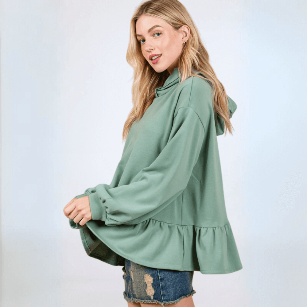 Made in USA Women's Baby Doll Oversized Hoodie with Flounce Ruffle Hem and  Long Balloon Sleeves, Banded Cuffs, Oversized Fit in Solid Sage Green | Classy Cozy Cool Made in America Boutique