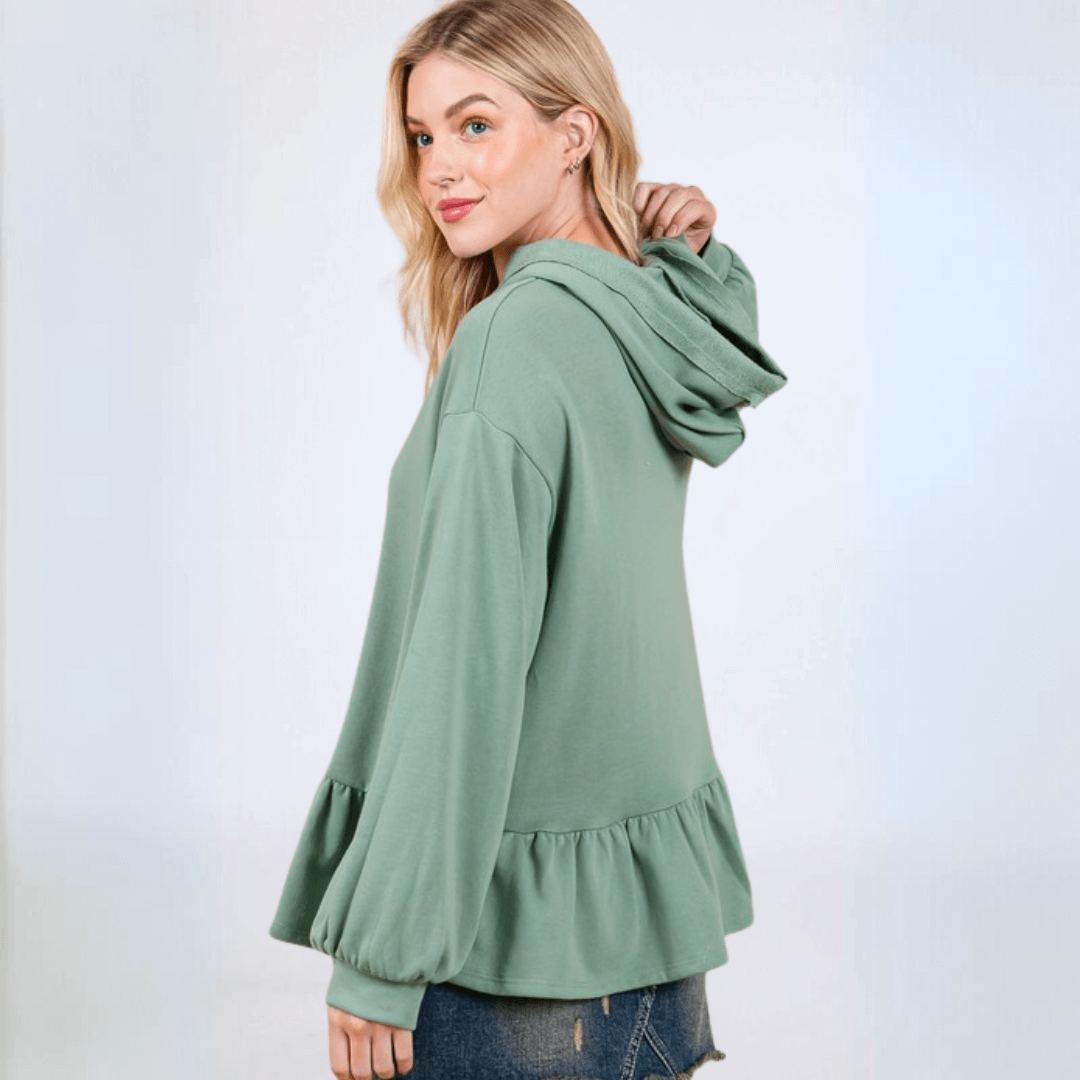 Made in USA Women's Baby Doll Oversized Hoodie with Flounce Ruffle Hem and  Long Balloon Sleeves, Banded Cuffs, Oversized Fit in Solid Sage Green | Classy Cozy Cool Made in America Boutique